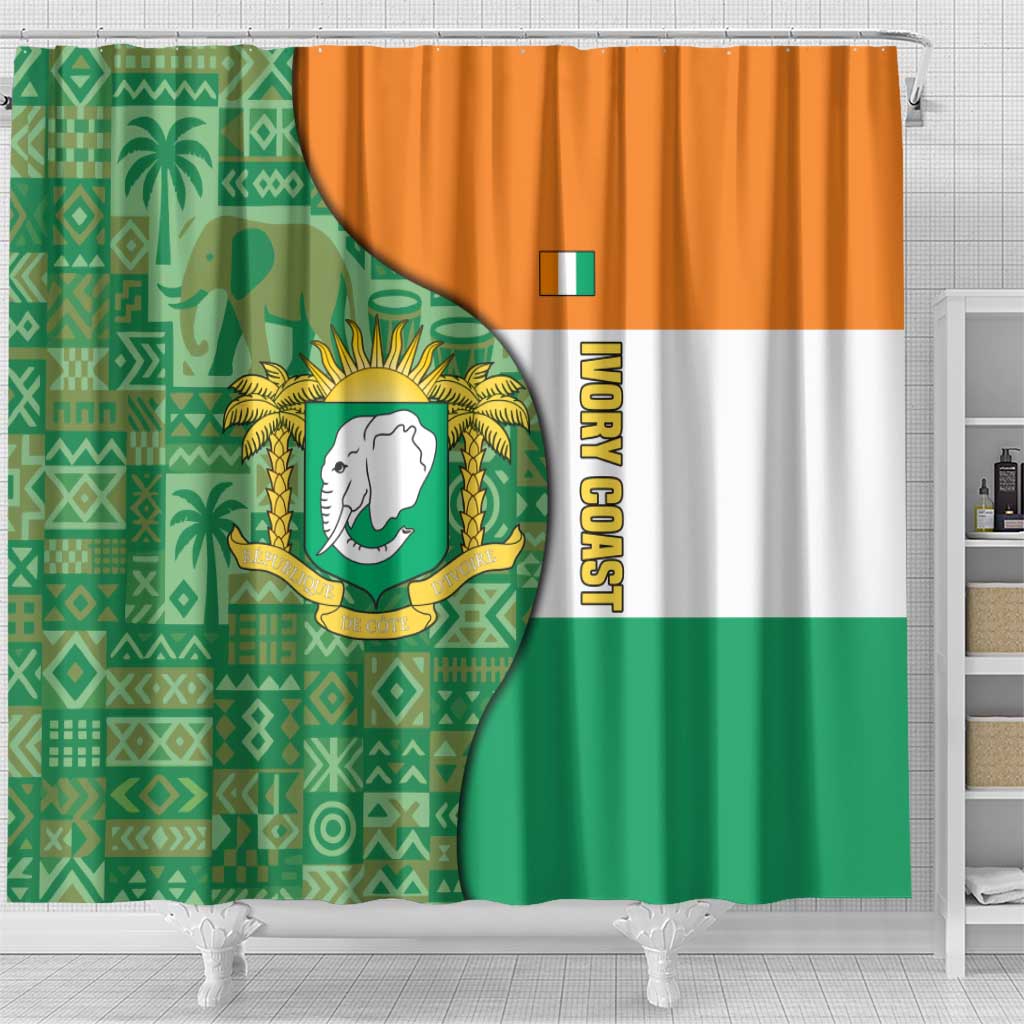 Ivory Coast Shower Curtain with Elephant Crest and Tribal Pattern Design - Wonder Print Shop
