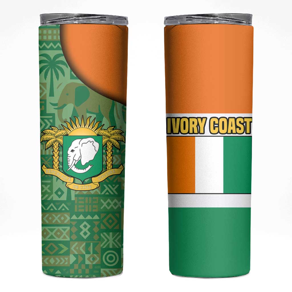 Ivory Coast Skinny Tumbler with Elephant Crest and Tribal Pattern Design - Wonder Print Shop