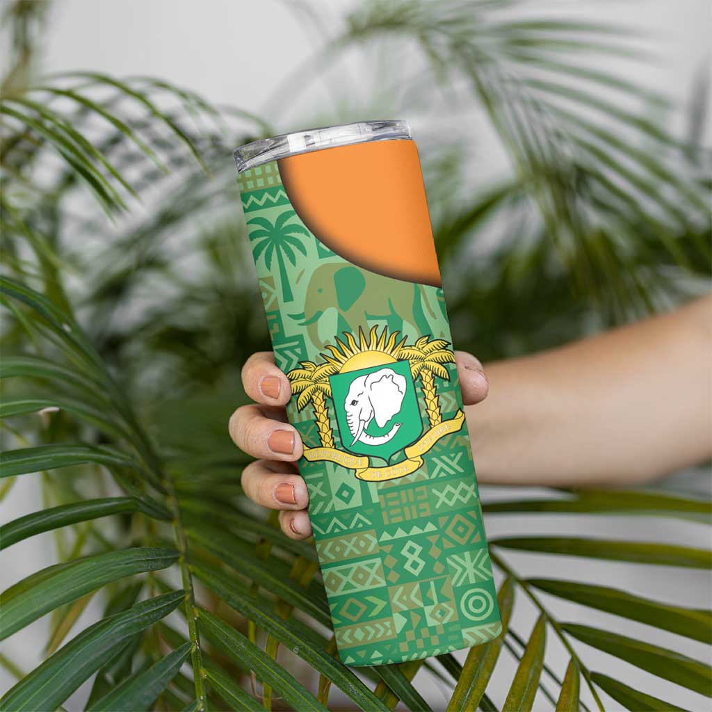 Ivory Coast Skinny Tumbler with Elephant Crest and Tribal Pattern Design - Wonder Print Shop