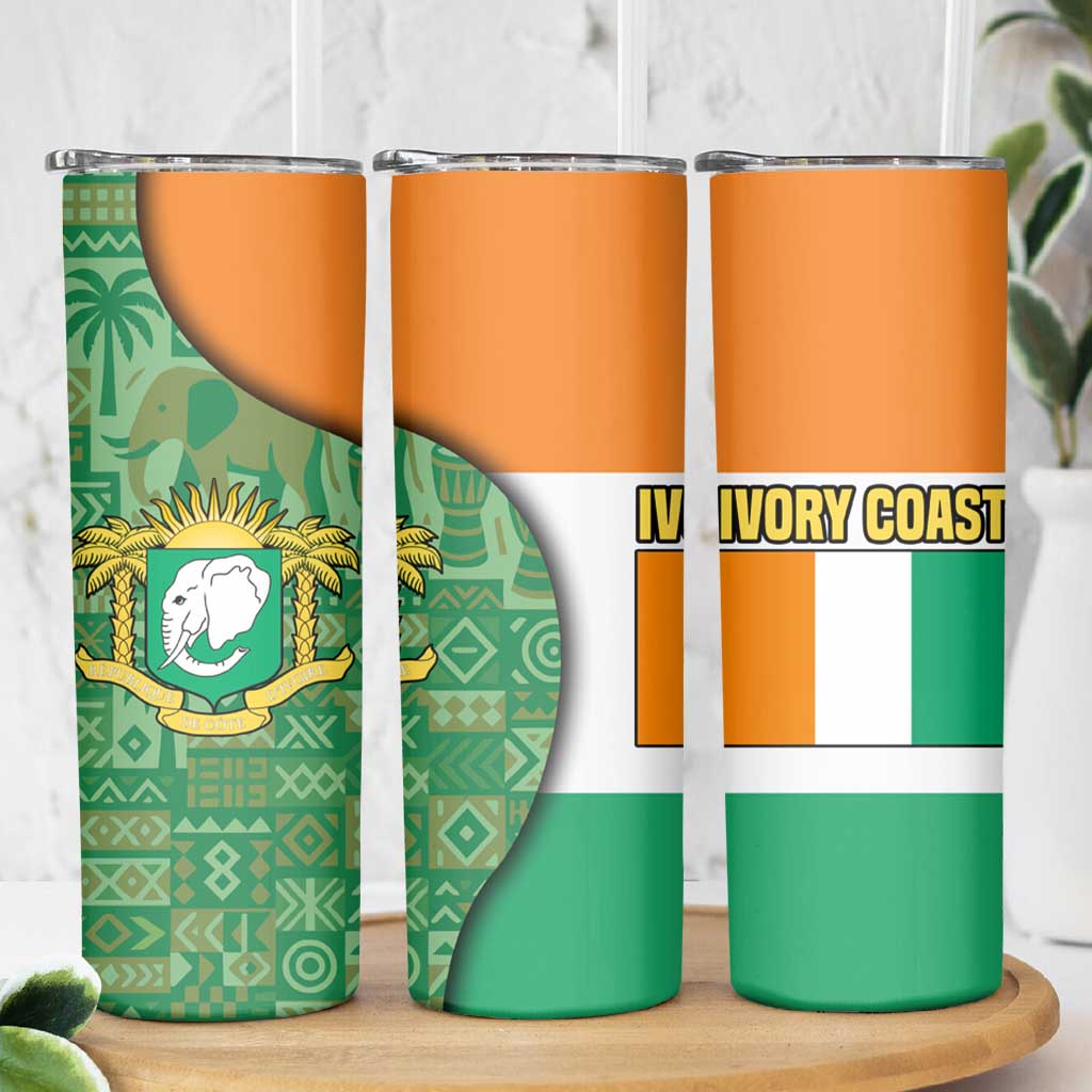 Ivory Coast Skinny Tumbler with Elephant Crest and Tribal Pattern Design - Wonder Print Shop