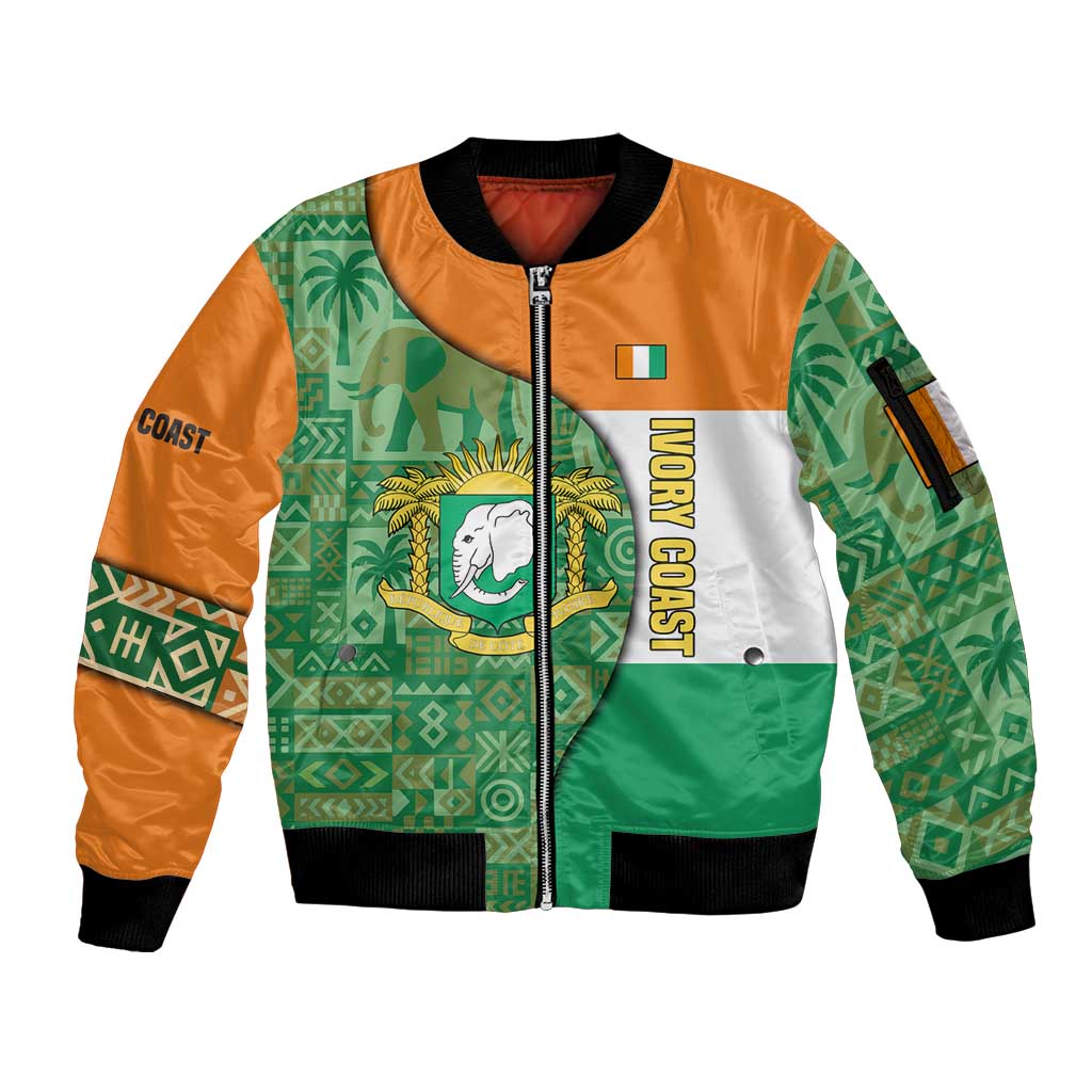 Ivory Coast Sleeve Zip Bomber Jacket with Elephant Crest and Tribal Pattern Design - Wonder Print Shop