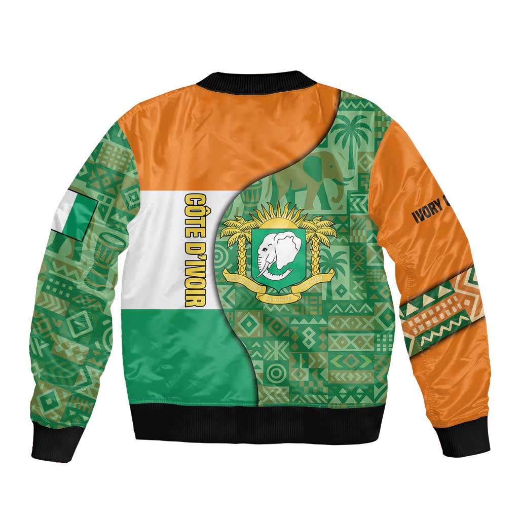 Ivory Coast Sleeve Zip Bomber Jacket with Elephant Crest and Tribal Pattern Design - Wonder Print Shop