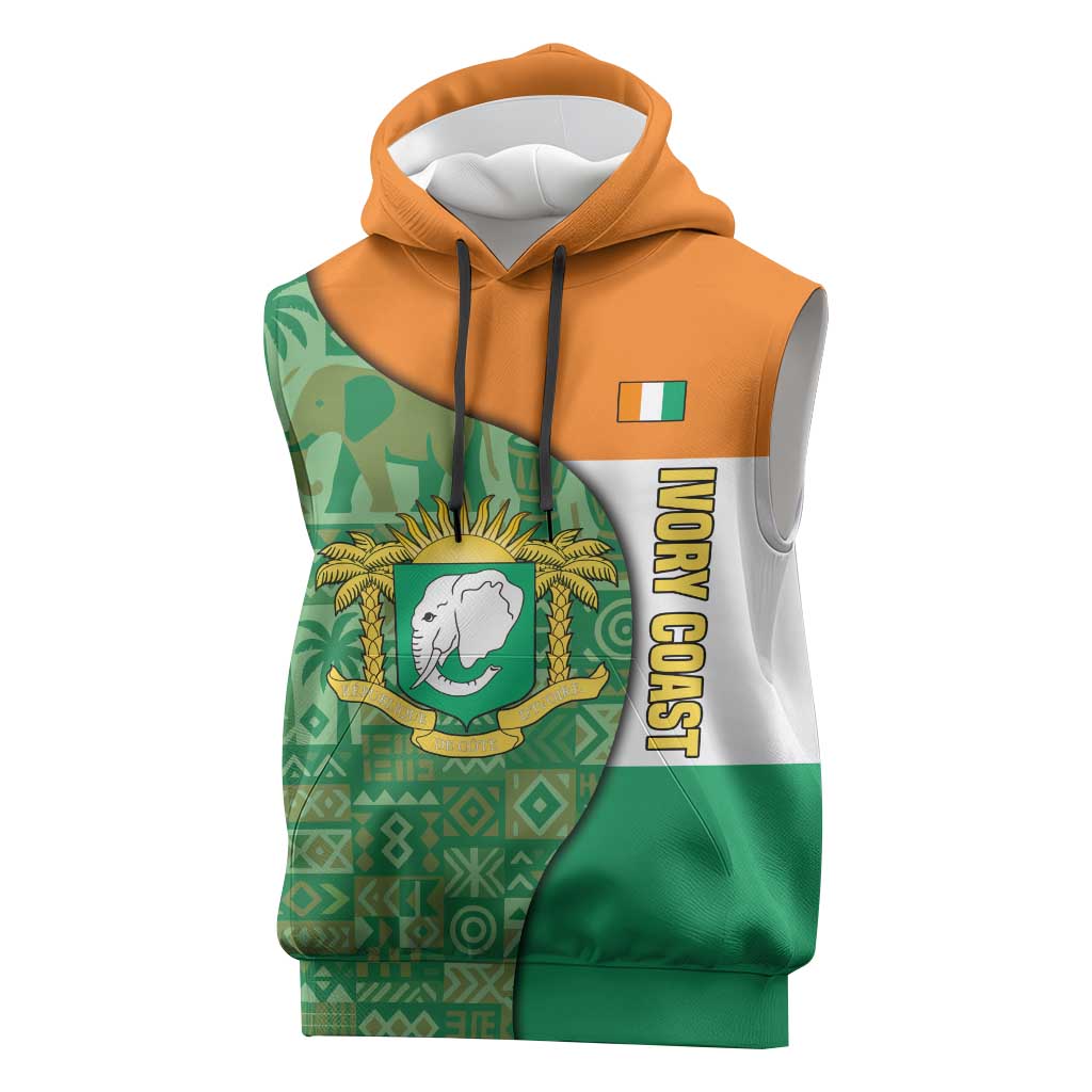Ivory Coast Sleeveless Hoodie with Elephant Crest and Tribal Pattern Design - Wonder Print Shop