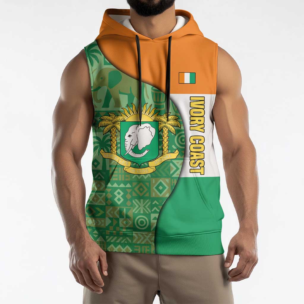 Ivory Coast Sleeveless Hoodie with Elephant Crest and Tribal Pattern Design - Wonder Print Shop