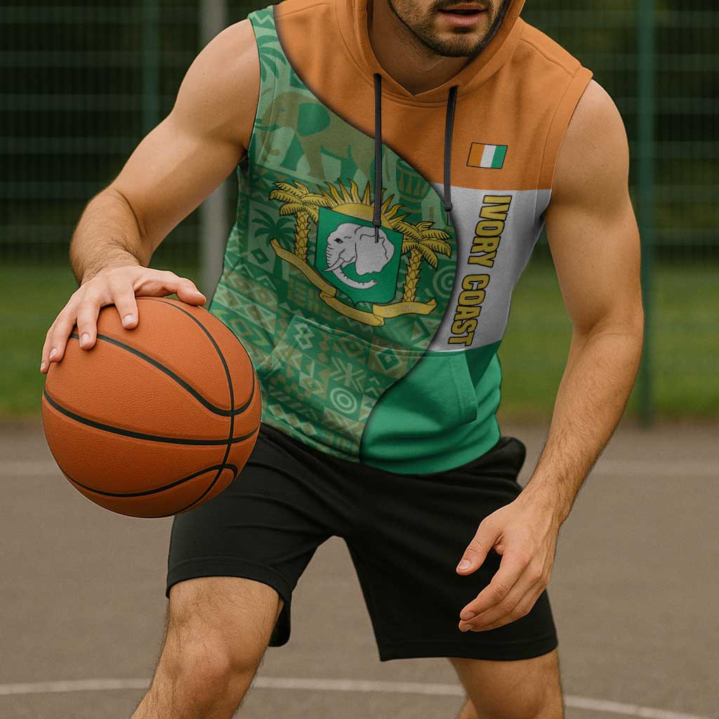 Ivory Coast Sleeveless Hoodie with Elephant Crest and Tribal Pattern Design - Wonder Print Shop