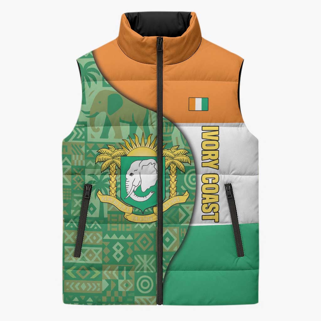 Ivory Coast Sleeveless Puffer Jacket with Elephant Crest and Tribal Pattern Design - Wonder Print Shop