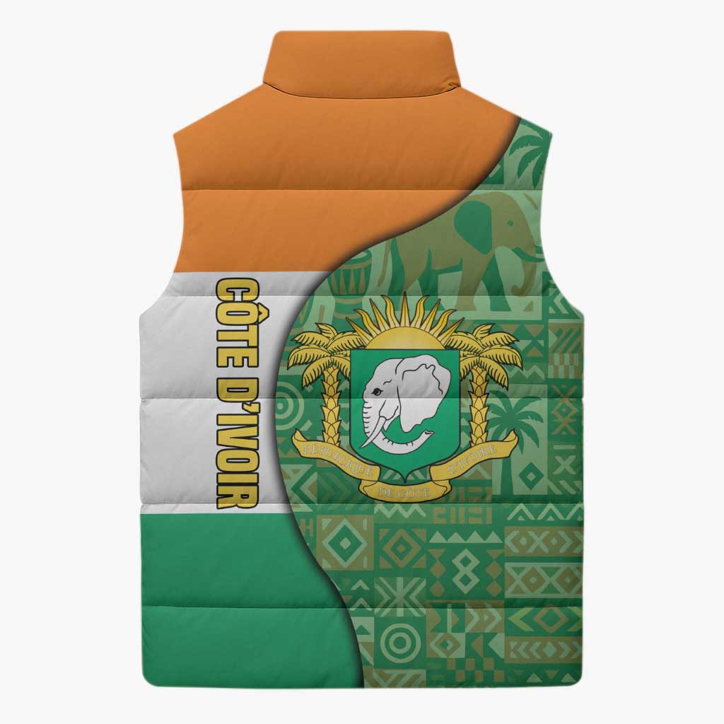 Ivory Coast Sleeveless Puffer Jacket with Elephant Crest and Tribal Pattern Design - Wonder Print Shop