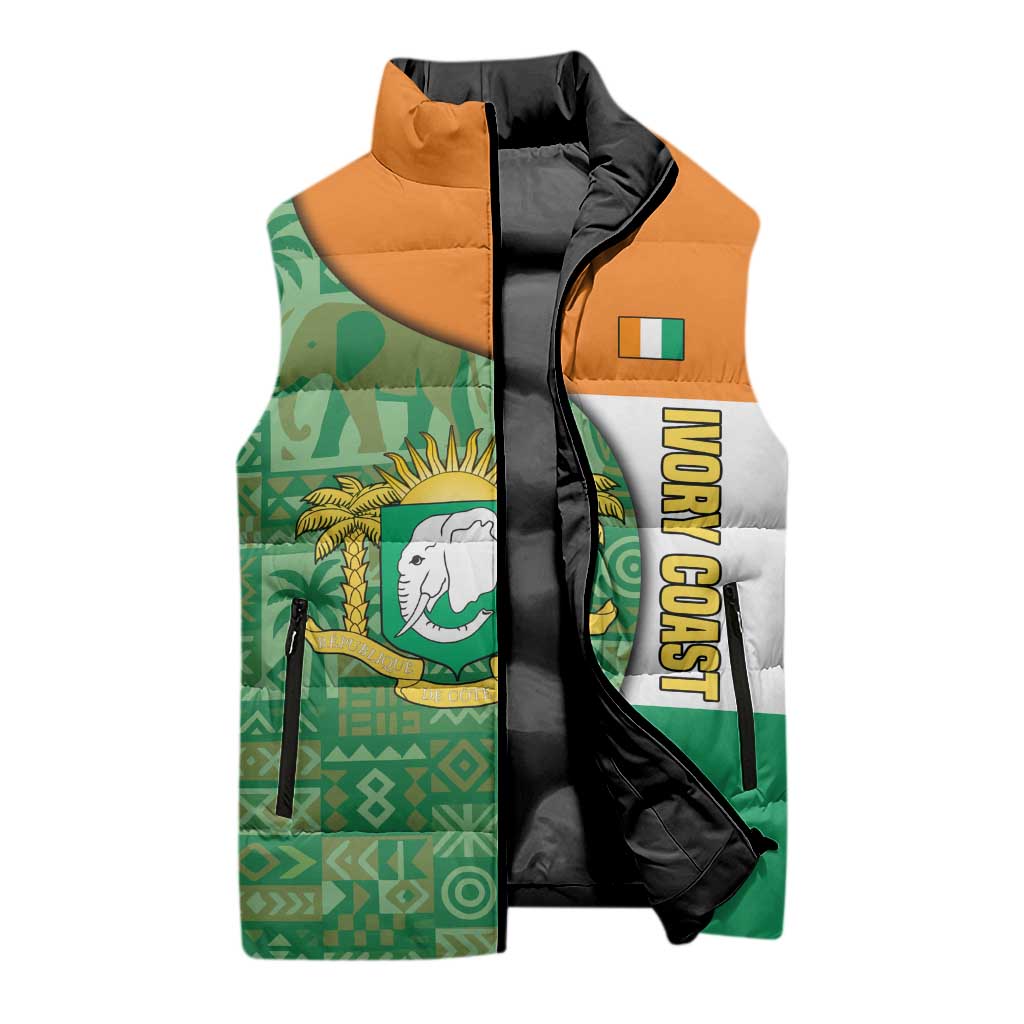 Ivory Coast Sleeveless Puffer Jacket with Elephant Crest and Tribal Pattern Design - Wonder Print Shop