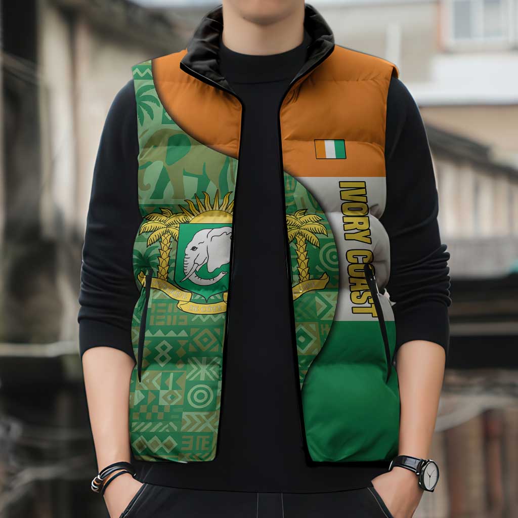 Ivory Coast Sleeveless Puffer Jacket with Elephant Crest and Tribal Pattern Design - Wonder Print Shop