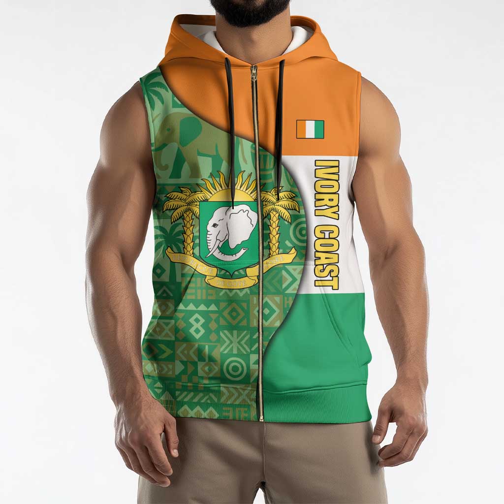 Ivory Coast Sleeveless Zip Hoodie with Elephant Crest and Tribal Pattern Design - Wonder Print Shop