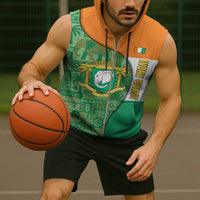 Ivory Coast Sleeveless Zip Hoodie with Elephant Crest and Tribal Pattern Design - Wonder Print Shop