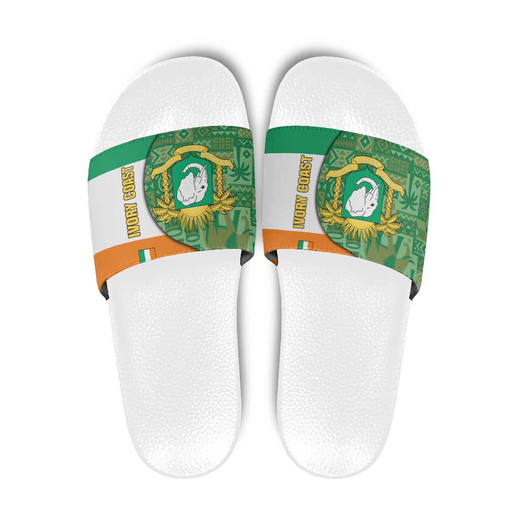 Ivory Coast Slide Sandals with Elephant Crest and Tribal Pattern Design - Wonder Print Shop