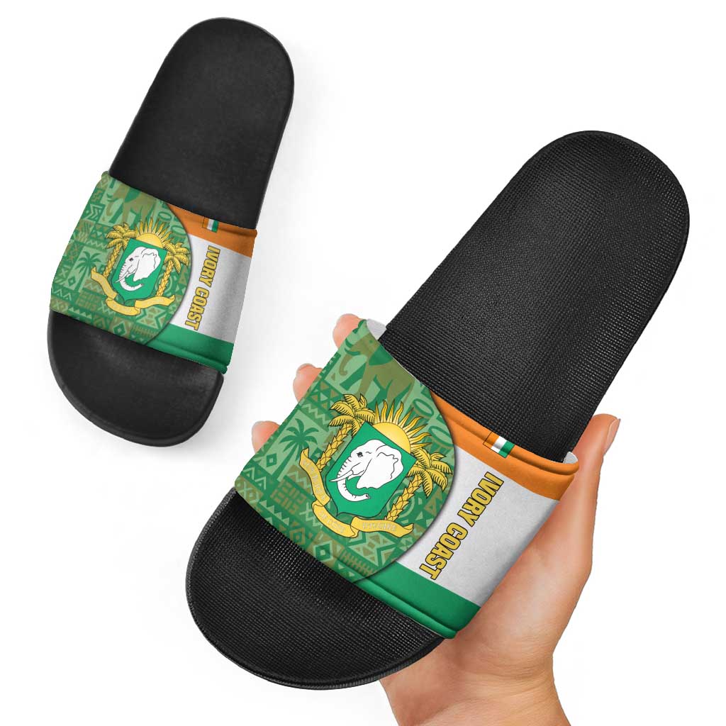 Ivory Coast Slide Sandals with Elephant Crest and Tribal Pattern Design - Wonder Print Shop