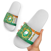 Ivory Coast Slide Sandals with Elephant Crest and Tribal Pattern Design - Wonder Print Shop