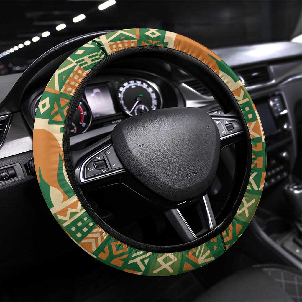 Ivory Coast Steering Wheel Cover with Elephant Crest and Tribal Pattern Design - Wonder Print Shop