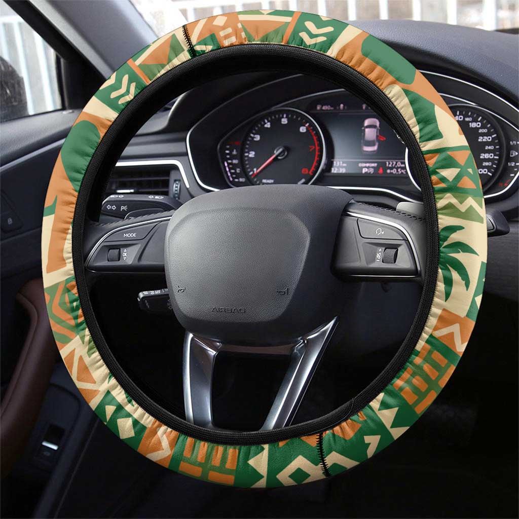 Ivory Coast Steering Wheel Cover with Elephant Crest and Tribal Pattern Design - Wonder Print Shop