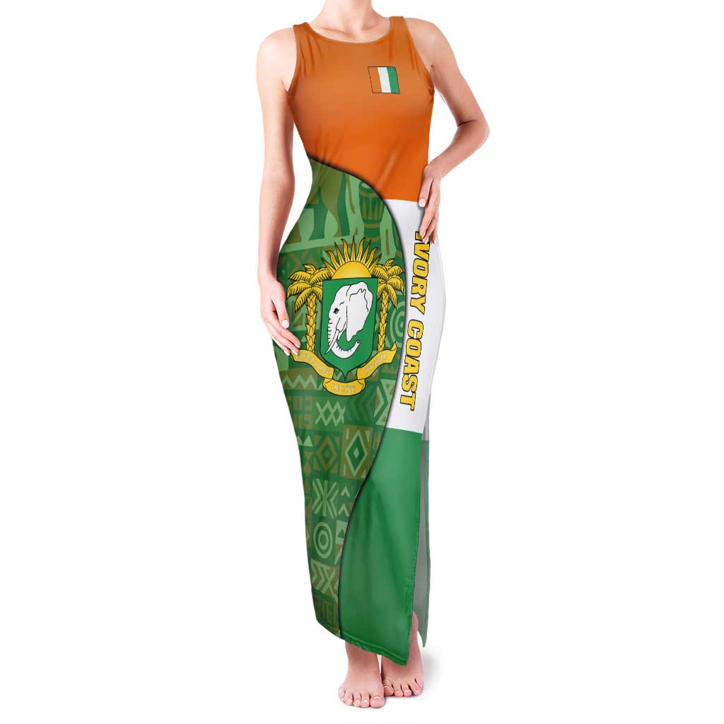 Ivory Coast Tank Maxi Dress with Elephant Crest and Tribal Pattern Design - Wonder Print Shop