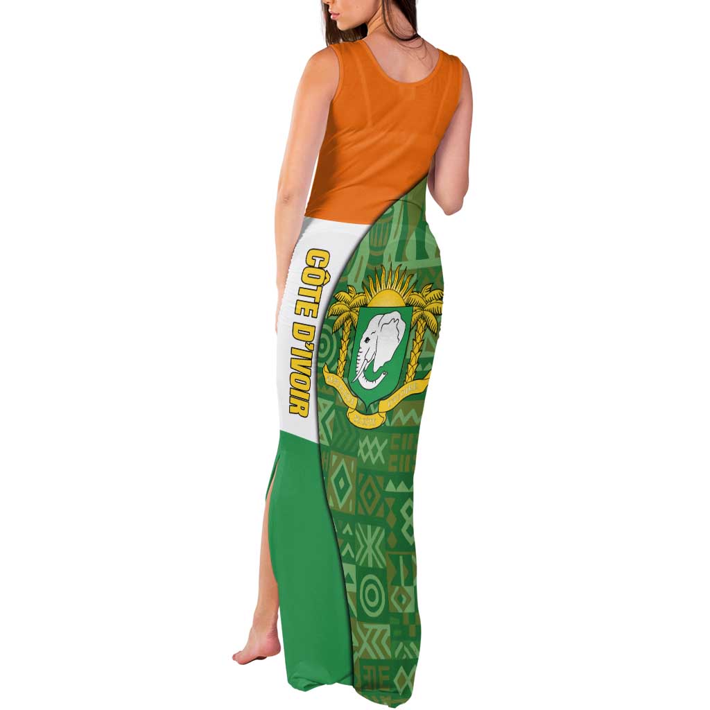 Ivory Coast Tank Maxi Dress with Elephant Crest and Tribal Pattern Design - Wonder Print Shop