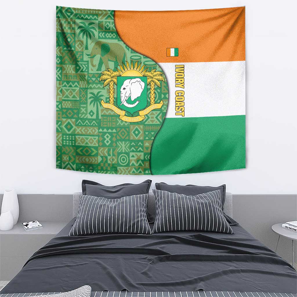 Ivory Coast Tapestry with Elephant Crest and Tribal Pattern Design - Wonder Print Shop
