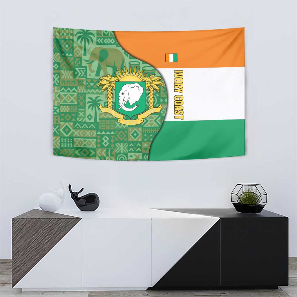 Ivory Coast Tapestry with Elephant Crest and Tribal Pattern Design - Wonder Print Shop