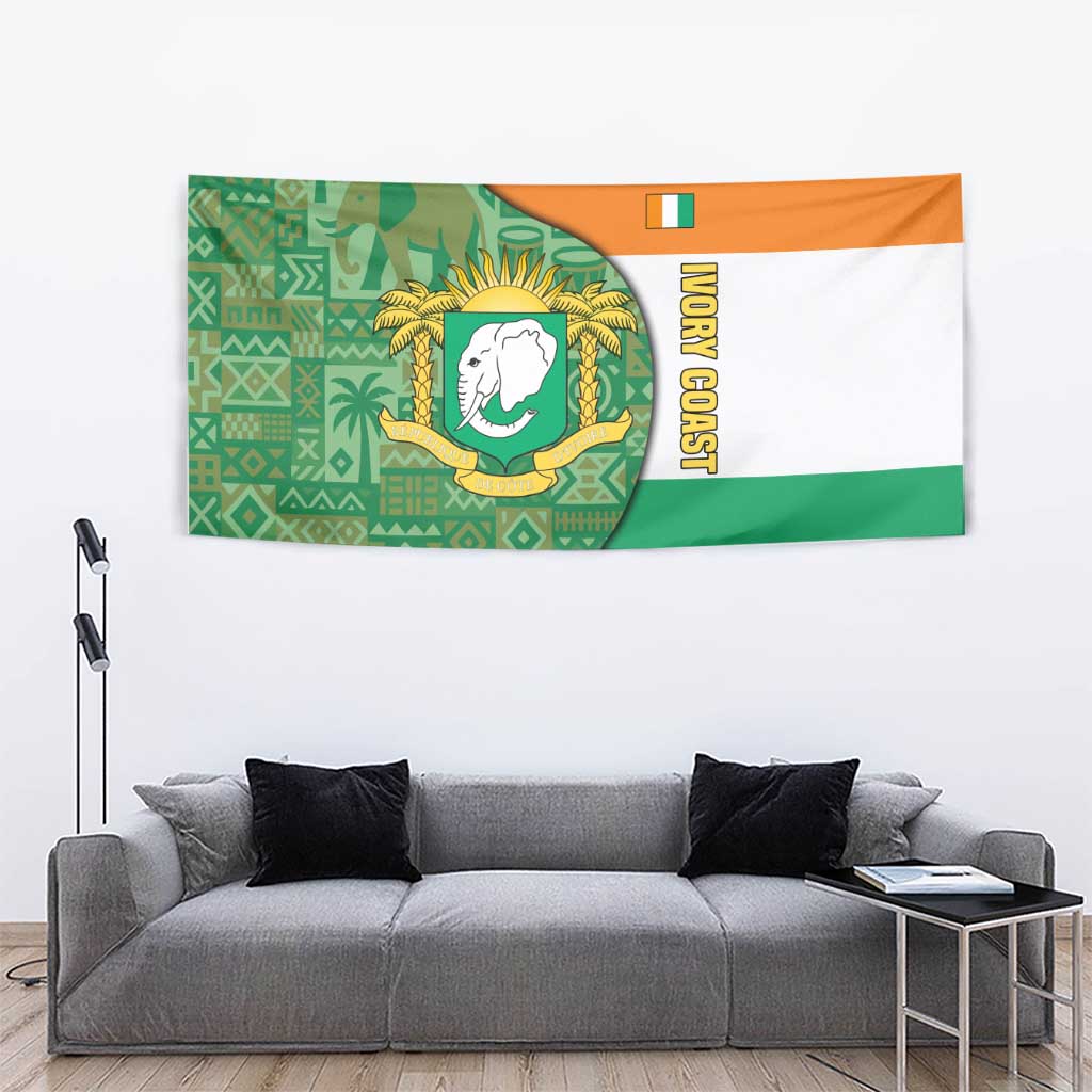 Ivory Coast Tapestry with Elephant Crest and Tribal Pattern Design - Wonder Print Shop