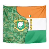 Ivory Coast Tapestry with Elephant Crest and Tribal Pattern Design - Wonder Print Shop