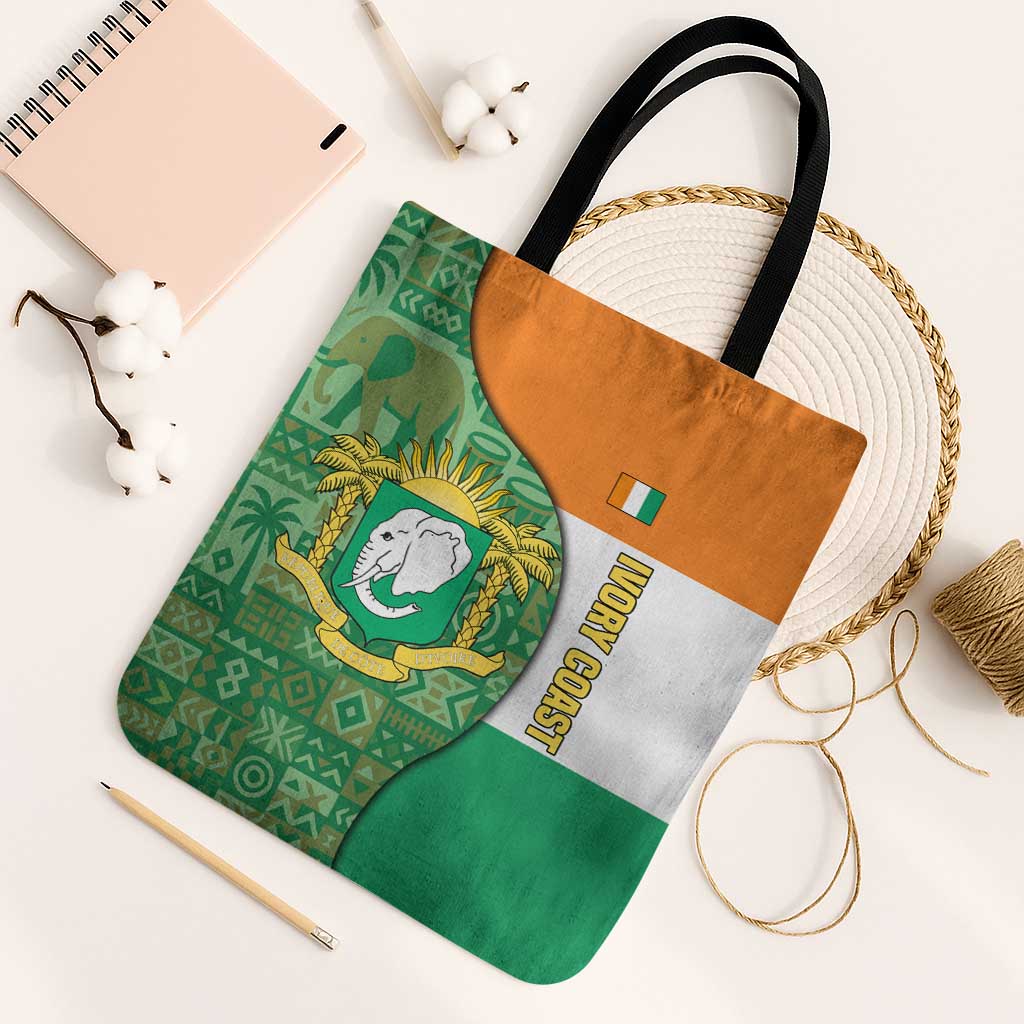 Ivory Coast Tote Bag with Elephant Crest and Tribal Pattern Design - Wonder Print Shop