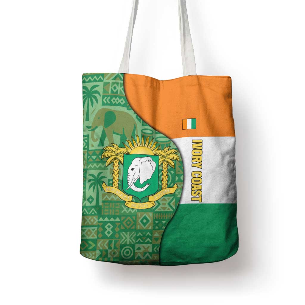 Ivory Coast Tote Bag with Elephant Crest and Tribal Pattern Design - Wonder Print Shop