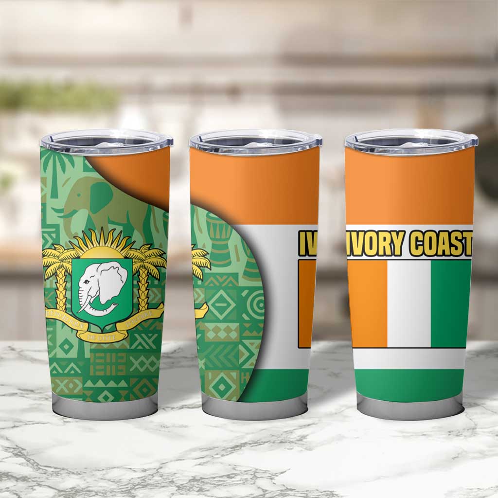 Ivory Coast Tumbler Cup with Elephant Crest and Tribal Pattern Design - Wonder Print Shop