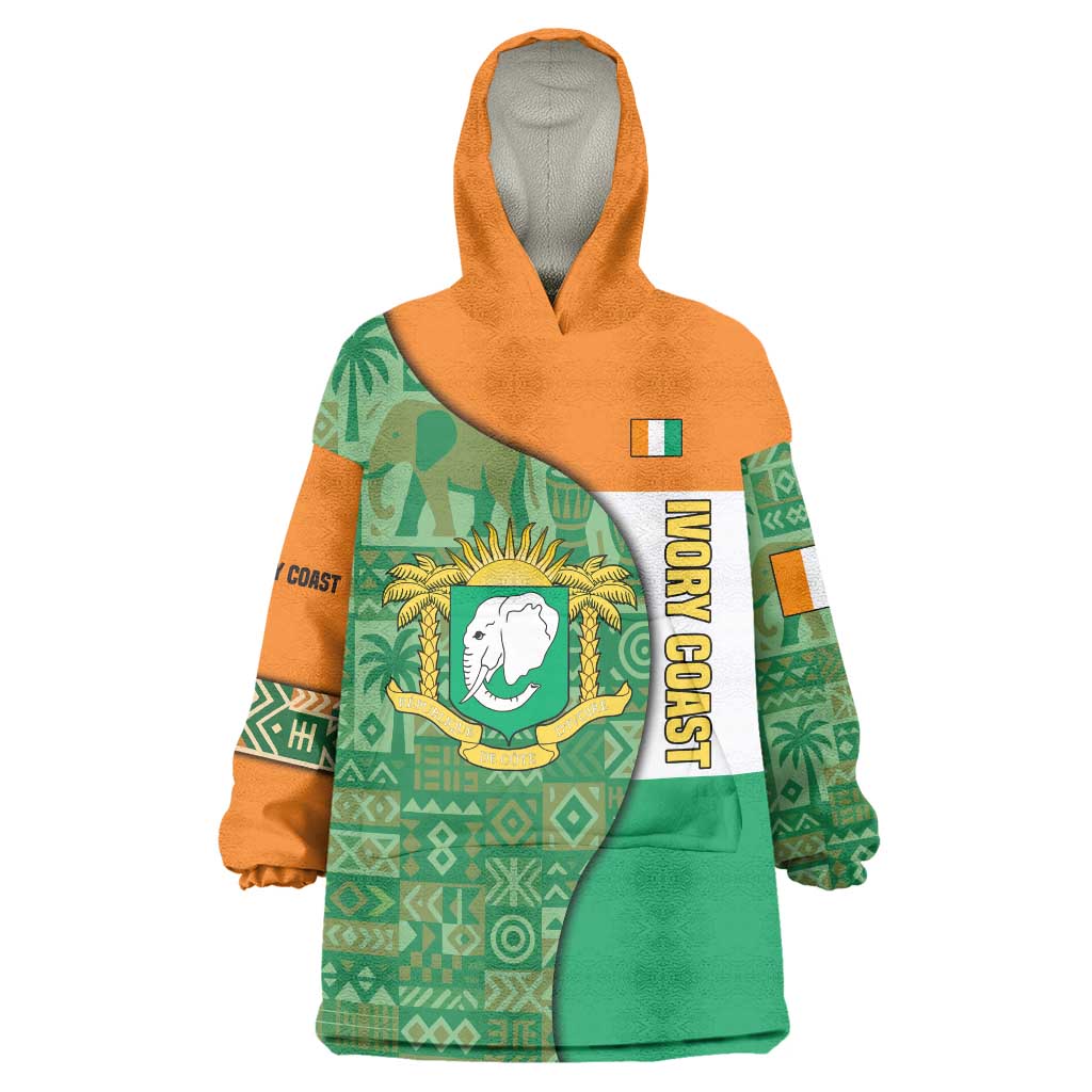 Ivory Coast Wearable Blanket Hoodie with Elephant Crest and Tribal Pattern Design - Wonder Print Shop