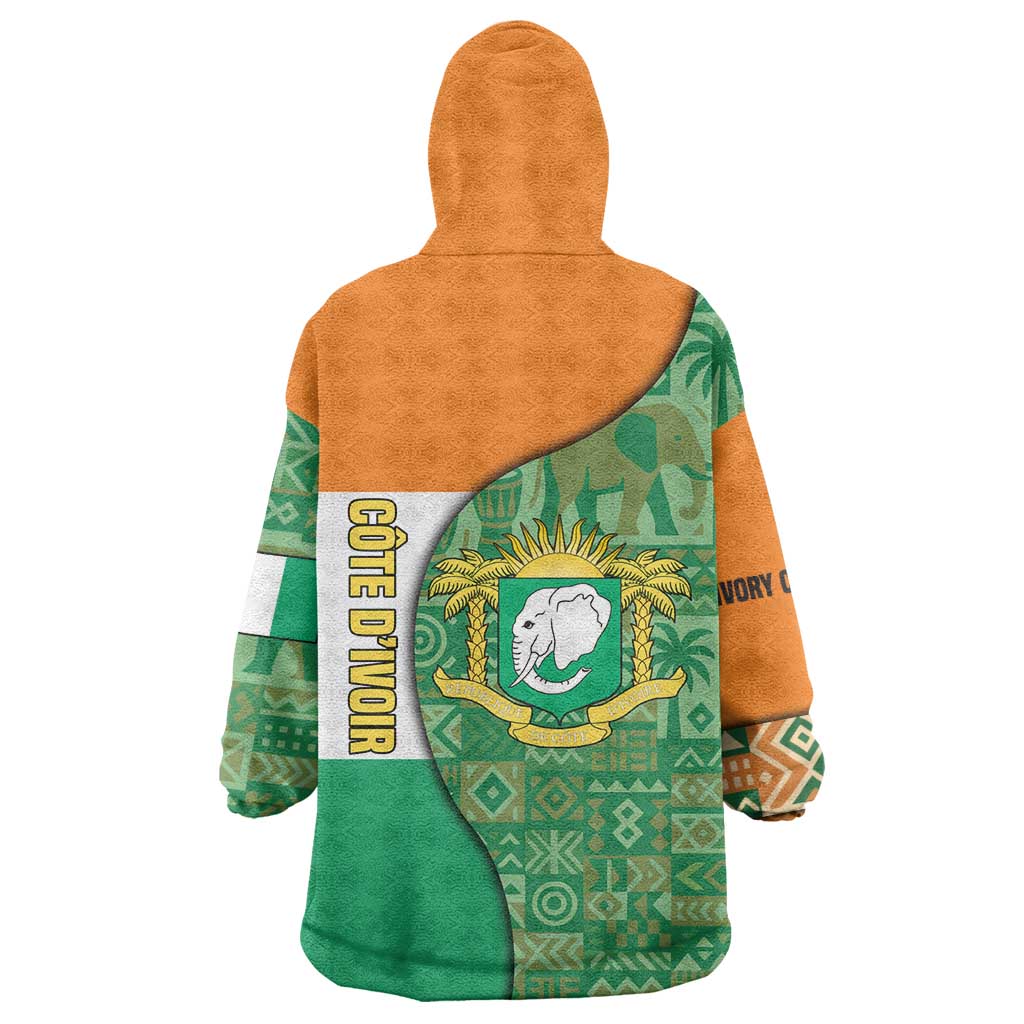 Ivory Coast Wearable Blanket Hoodie with Elephant Crest and Tribal Pattern Design - Wonder Print Shop