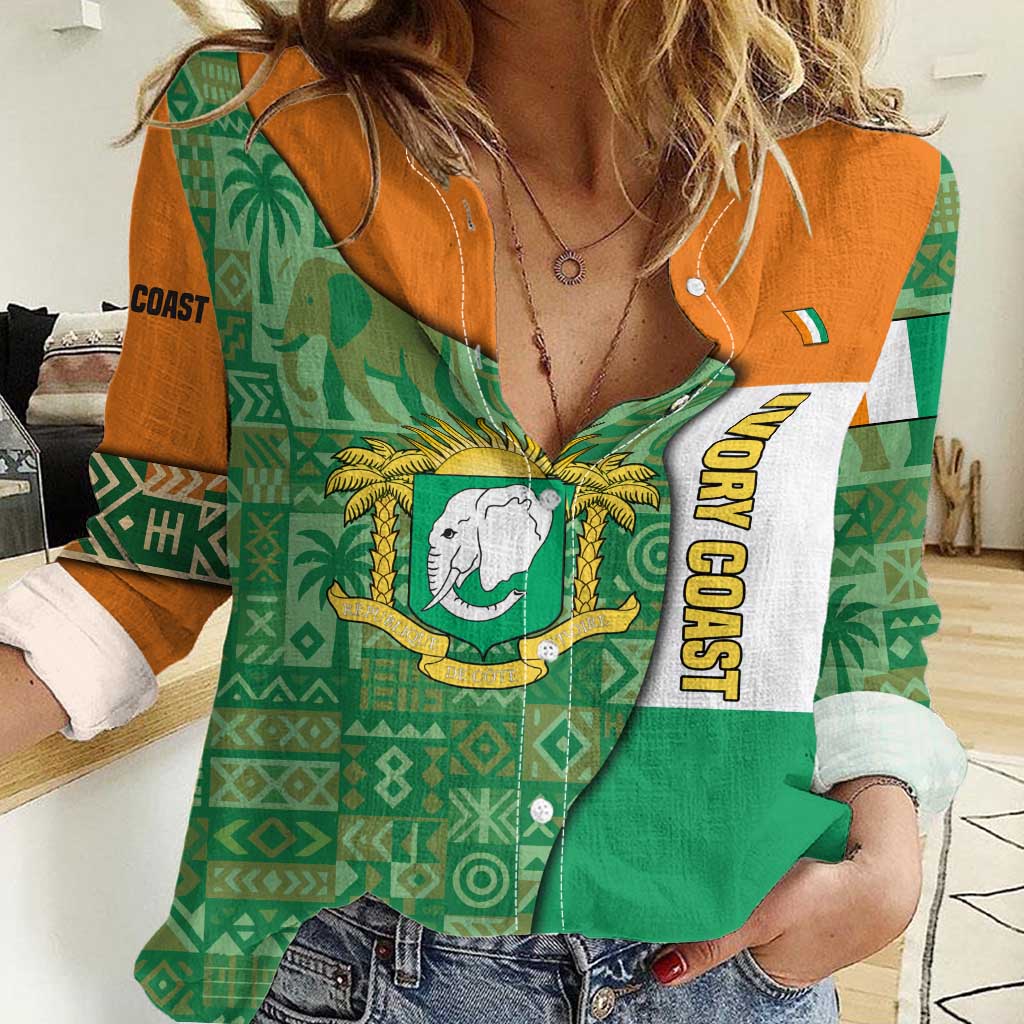 Ivory Coast Women Casual Shirt with Elephant Crest and Tribal Pattern Design - Wonder Print Shop