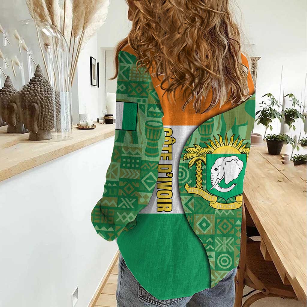 Ivory Coast Women Casual Shirt with Elephant Crest and Tribal Pattern Design - Wonder Print Shop