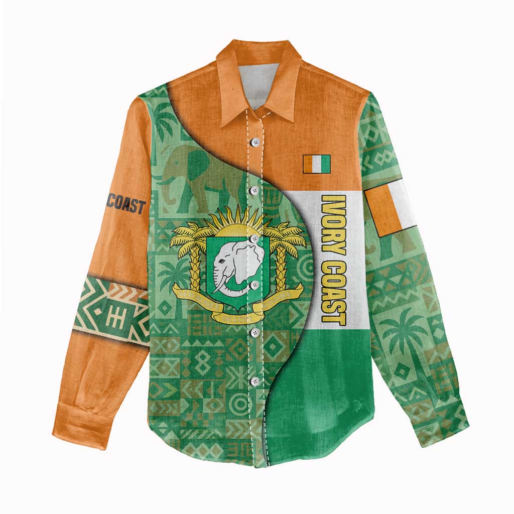 Ivory Coast Women Casual Shirt with Elephant Crest and Tribal Pattern Design - Wonder Print Shop