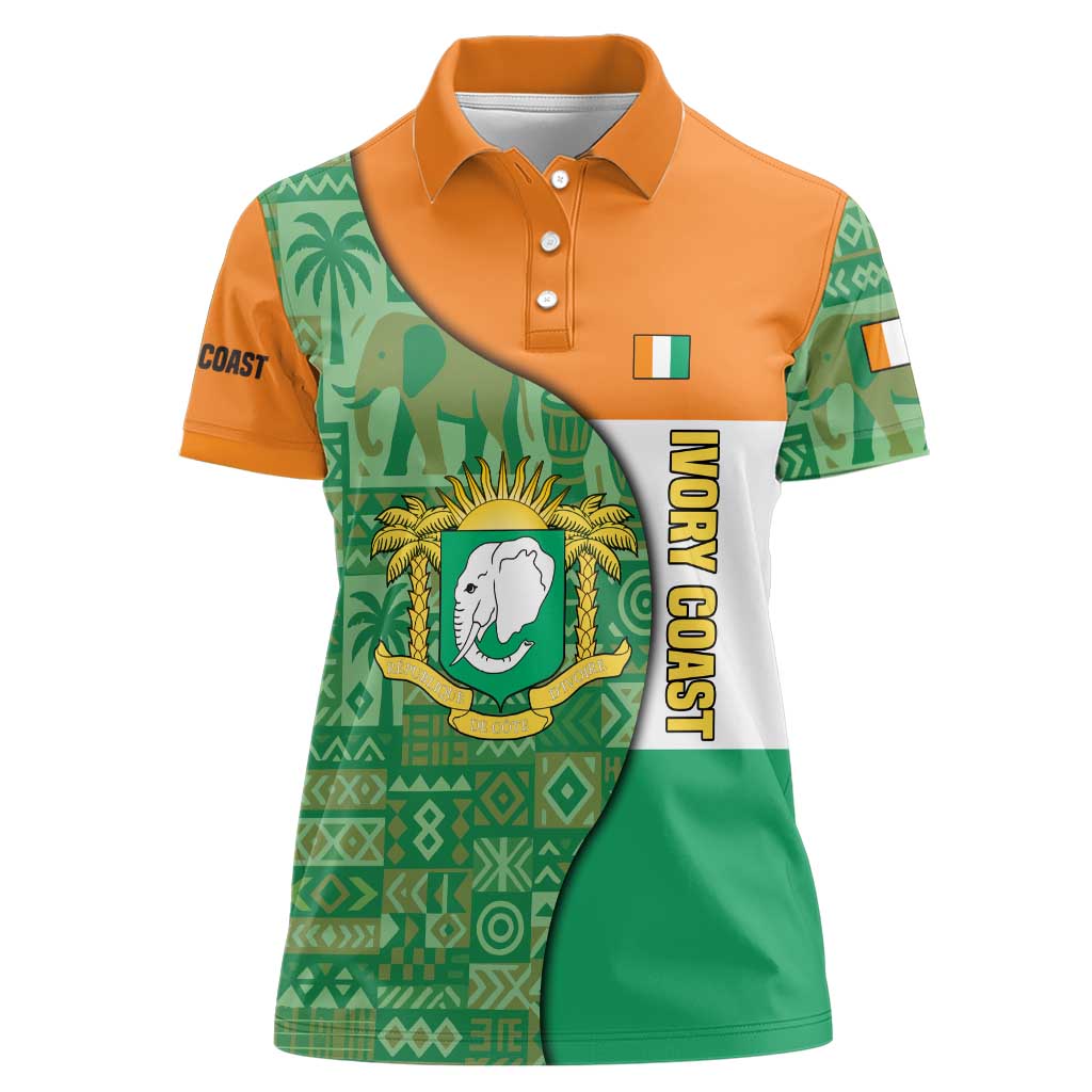 Ivory Coast Women Polo Shirt with Elephant Crest and Tribal Pattern Design - Wonder Print Shop