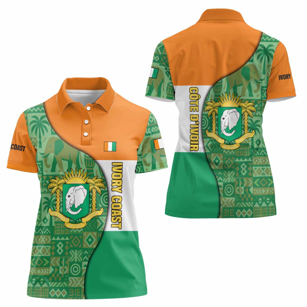 Ivory Coast Women Polo Shirt with Elephant Crest and Tribal Pattern Design - Wonder Print Shop