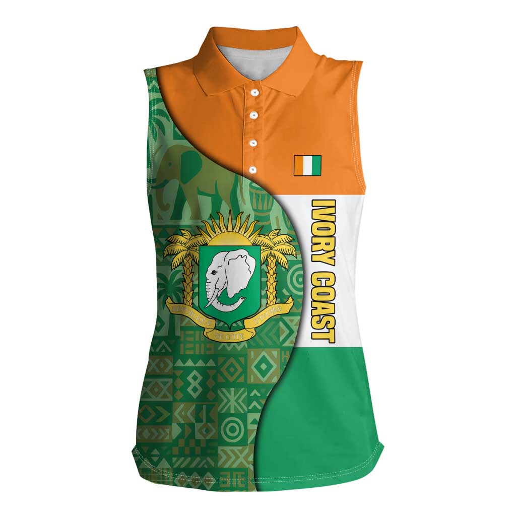 Ivory Coast Women Sleeveless Polo Shirt with Elephant Crest and Tribal Pattern Design - Wonder Print Shop