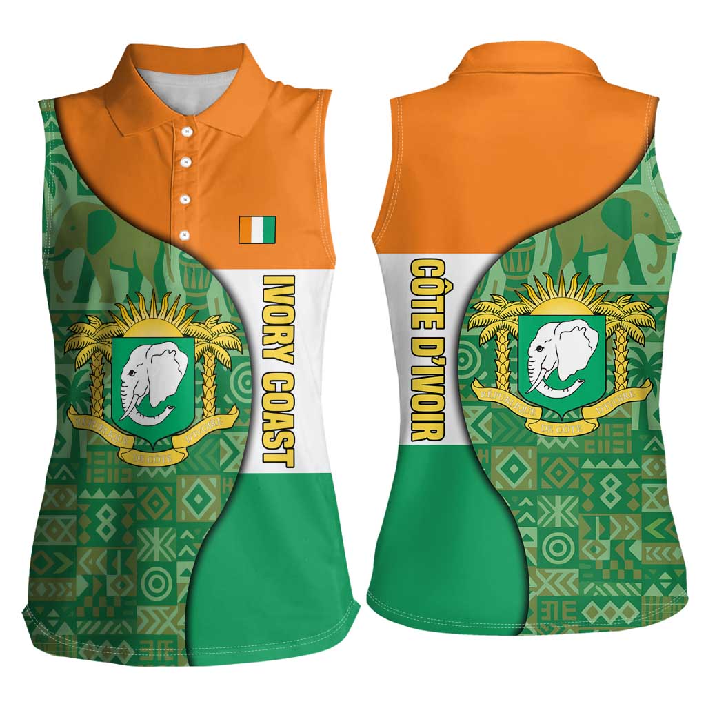 Ivory Coast Women Sleeveless Polo Shirt with Elephant Crest and Tribal Pattern Design - Wonder Print Shop