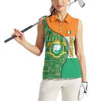 Ivory Coast Women Sleeveless Polo Shirt with Elephant Crest and Tribal Pattern Design - Wonder Print Shop