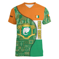 Ivory Coast Women V-Neck T-Shirt with Elephant Crest and Tribal Pattern Design - Wonder Print Shop