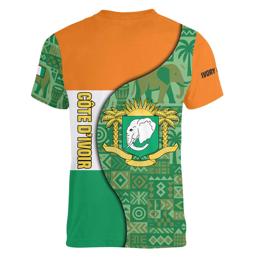 Ivory Coast Women V-Neck T-Shirt with Elephant Crest and Tribal Pattern Design - Wonder Print Shop