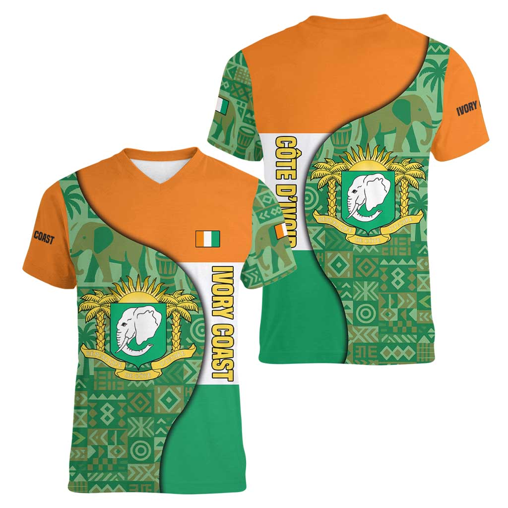 Ivory Coast Women V-Neck T-Shirt with Elephant Crest and Tribal Pattern Design - Wonder Print Shop