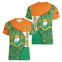 Ivory Coast Women V-Neck T-Shirt with Elephant Crest and Tribal Pattern Design - Wonder Print Shop