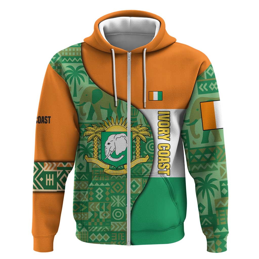 Ivory Coast Zip Hoodie with Elephant Crest and Tribal Pattern Design - Wonder Print Shop
