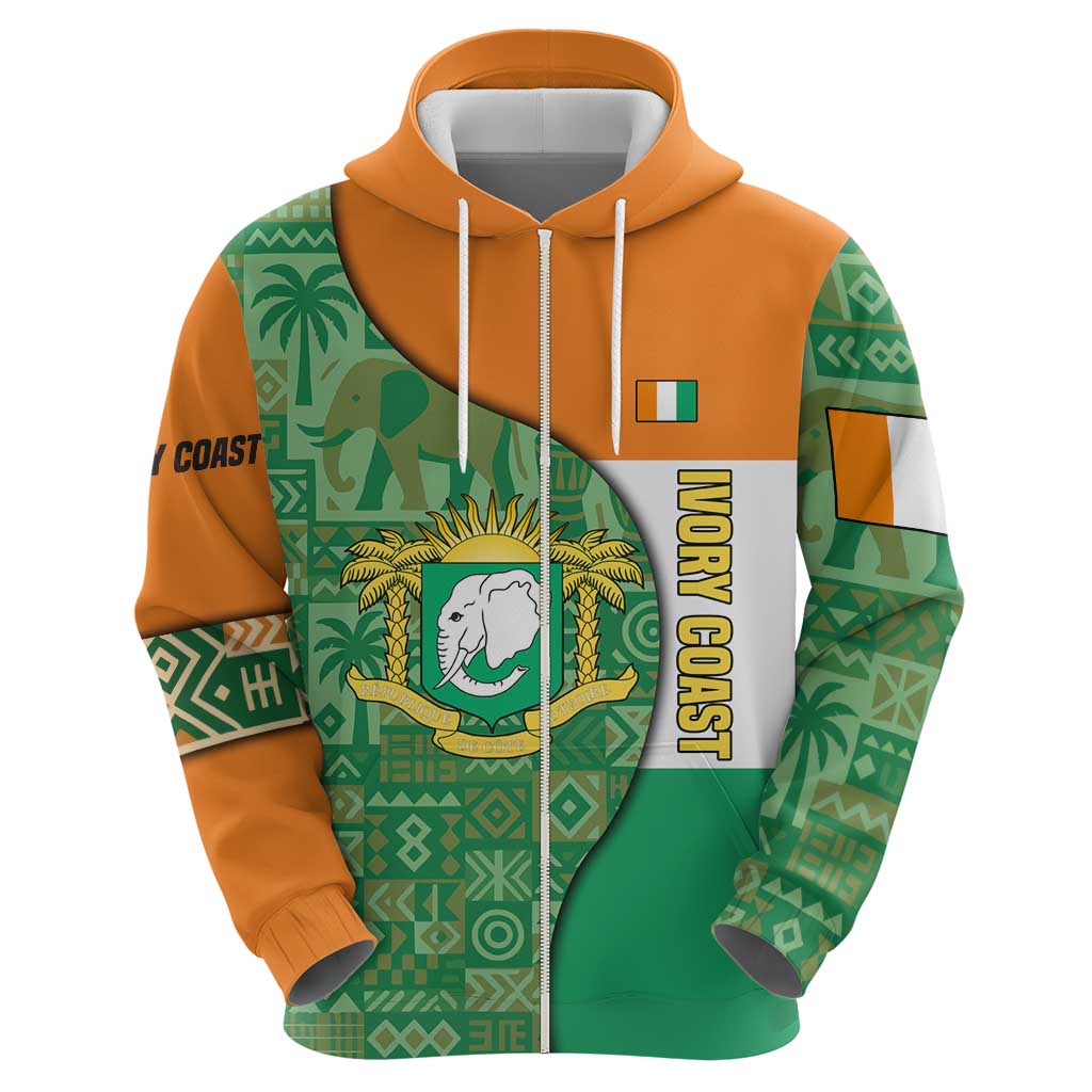Ivory Coast Zip Hoodie with Elephant Crest and Tribal Pattern Design - Wonder Print Shop