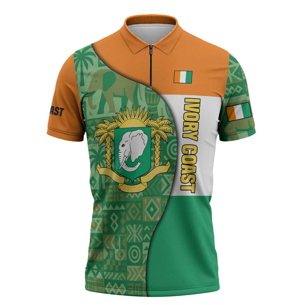 Ivory Coast Zipper Polo Shirt with Elephant Crest and Tribal Pattern Design - Wonder Print Shop
