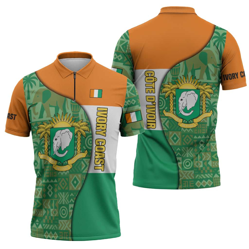 Ivory Coast Zipper Polo Shirt with Elephant Crest and Tribal Pattern Design - Wonder Print Shop