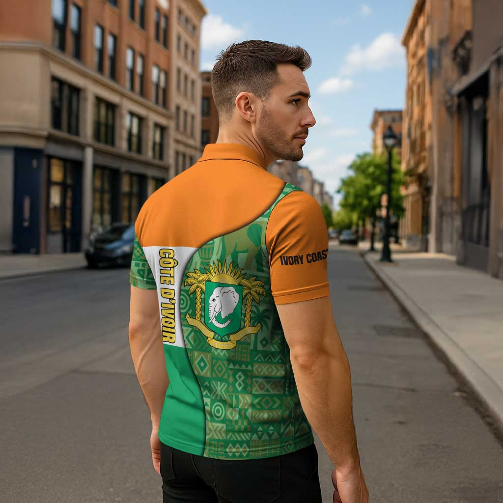 Ivory Coast Zipper Polo Shirt with Elephant Crest and Tribal Pattern Design - Wonder Print Shop