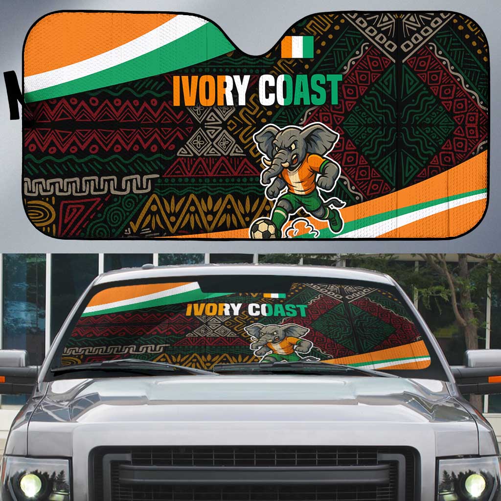 Ivory Coast Auto Sun Shade with Soccer Elephant and Tribal Pattern Design - Wonder Print Shop