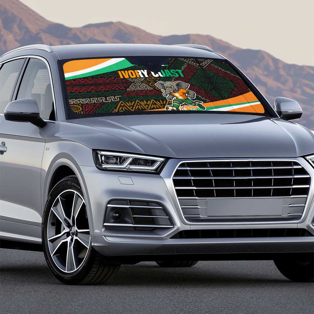 Ivory Coast Auto Sun Shade with Soccer Elephant and Tribal Pattern Design - Wonder Print Shop